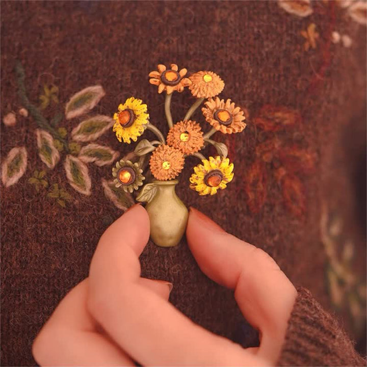 Women's Enamel Sunflower Vase Brooch - image 6