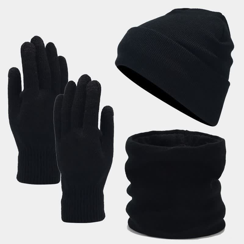 3Pcs Unisex Slouchy Warm Beanie Hat Scarf Gloves Set - Black - Adjustable (22"-22 7/8") - image 8