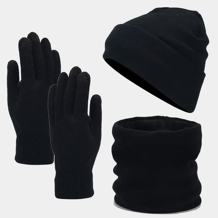 3Pcs Unisex Slouchy Warm Beanie Hat Scarf Gloves Set - Black - Adjustable (22"-22 7/8") - image 8
