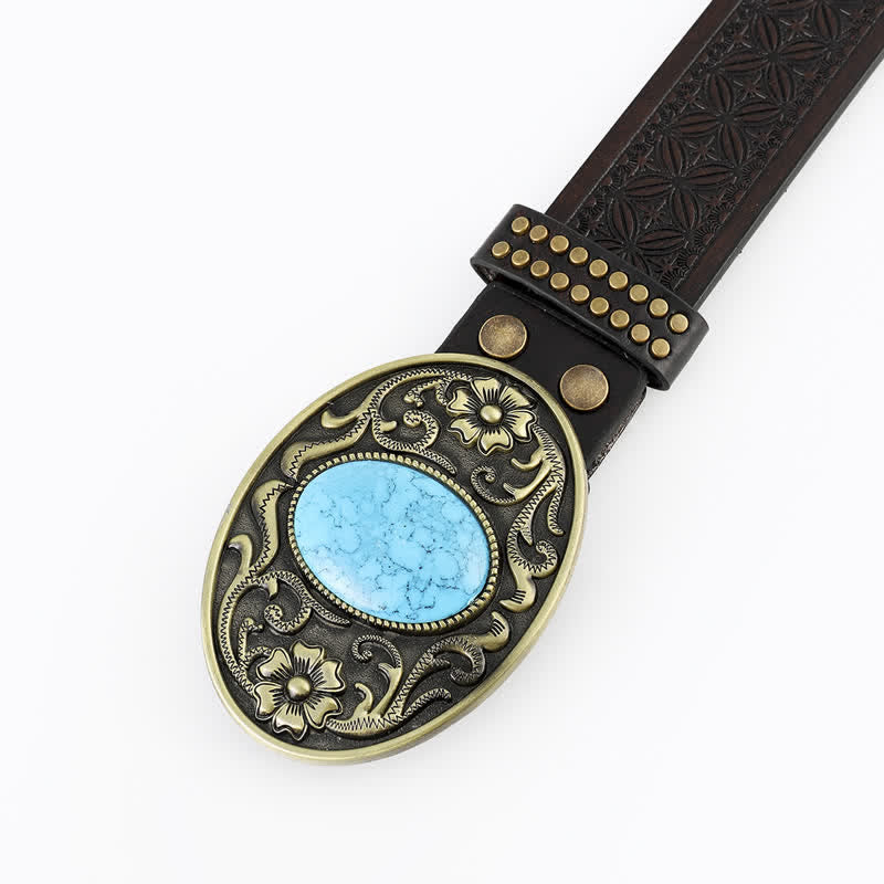 Men's Bohemian Style Oval Turquoise Leather Belt - image 1