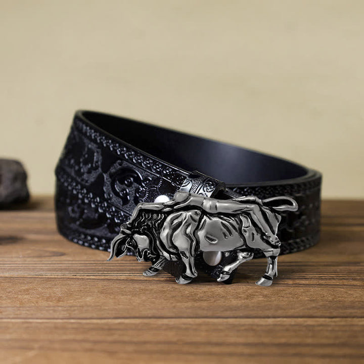 Men's DIY Authentic Silver Bull Buckle Leather Belt - Bull - Black Carved Belt (40) - image 10