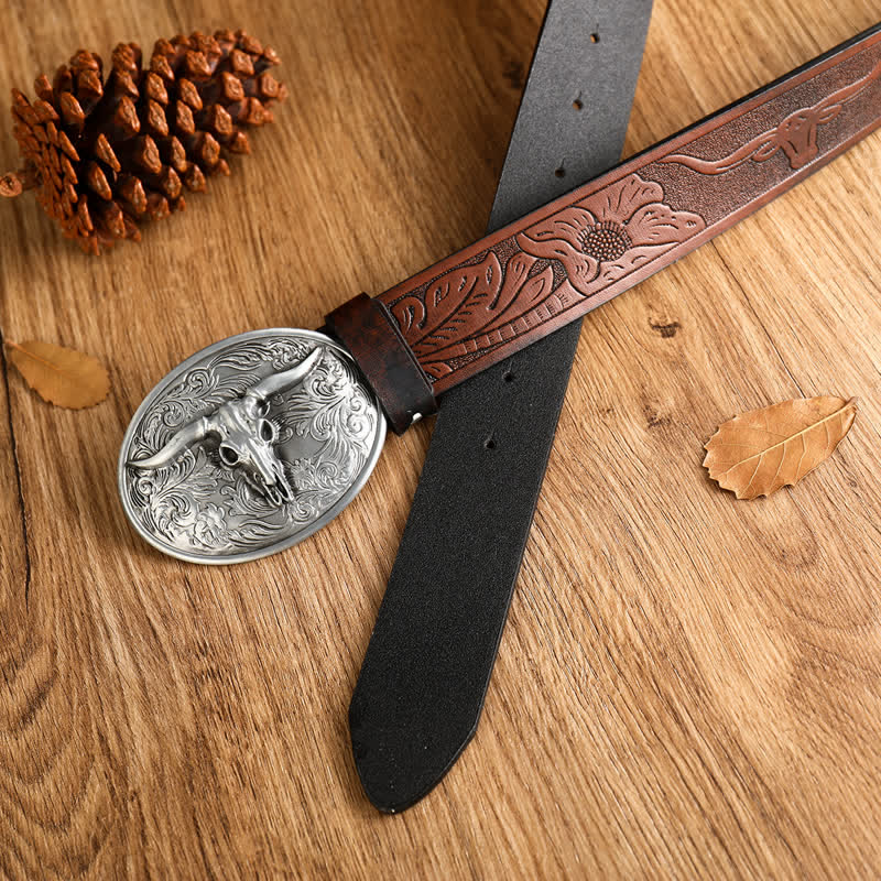 Men's Vintage Floral Longhorn Bull Leather Belt - image 7