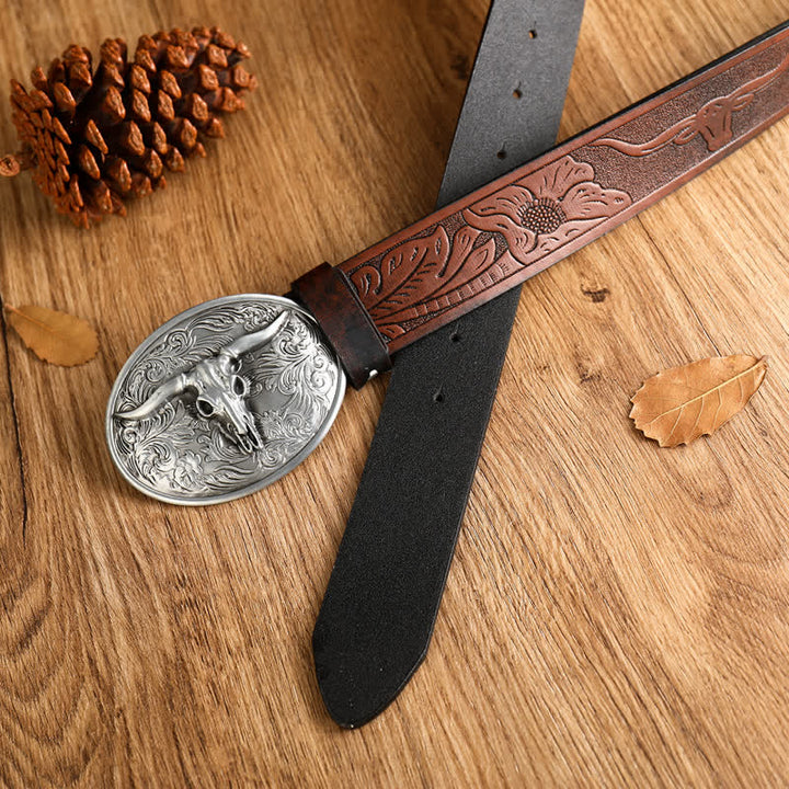 Men's Vintage Floral Longhorn Bull Leather Belt - image 7