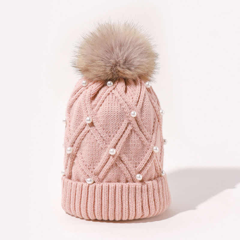 Women's Cute Pearls Deor Pompoms Stretchy Knitted Hat - image 3
