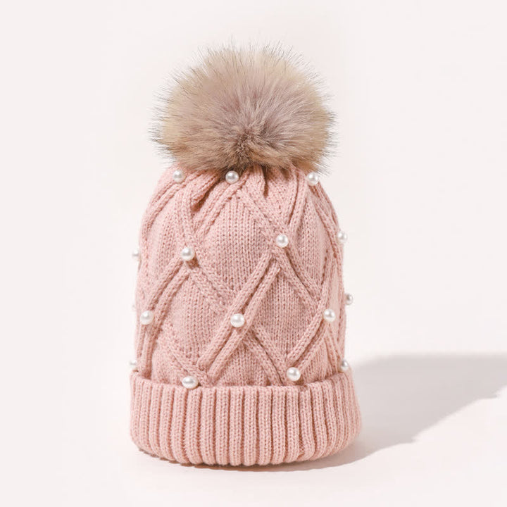 Women's Cute Pearls Deor Pompoms Stretchy Knitted Hat - image 3