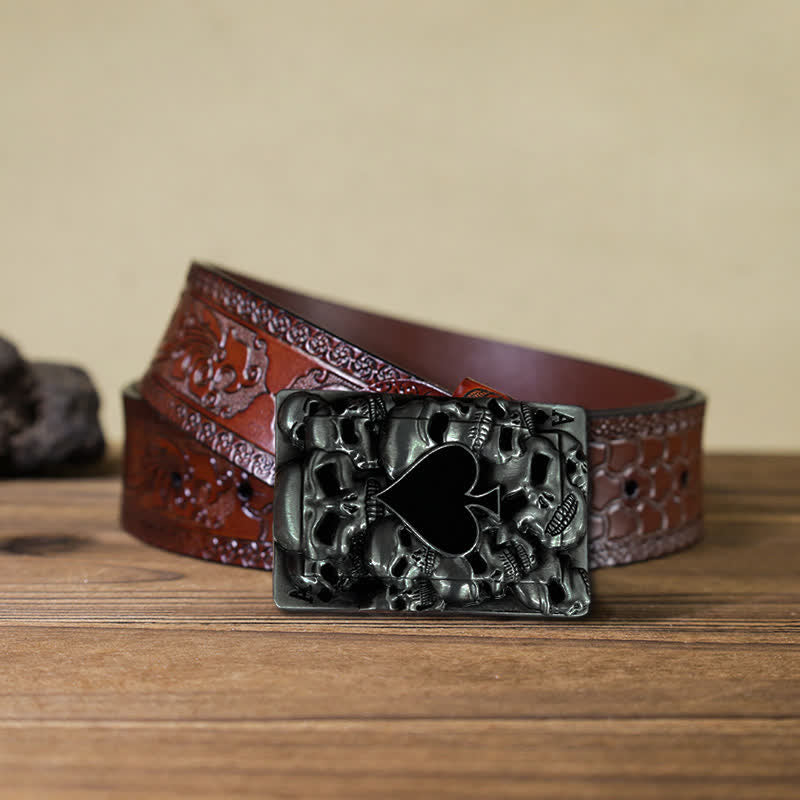 Men's DIY Skull Ace of Spades Buckle Leather Belt - Ace of Spades  - Brown Carved Belt (40) - image 11