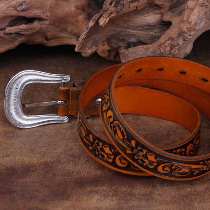 Unisex Vintage Small Rose Embossing Leather Belt - image 11