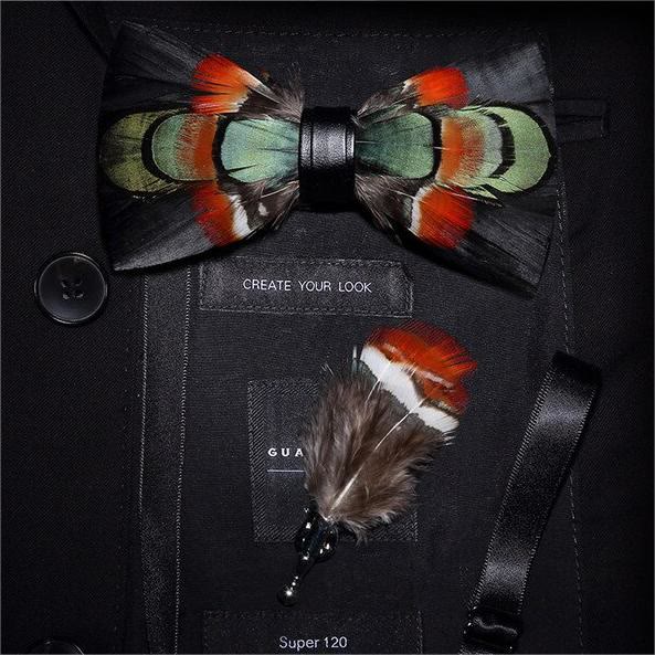 Black & Red Green Mallard Feather Bow Tie with Lapel Pin - Black & Red - image 0