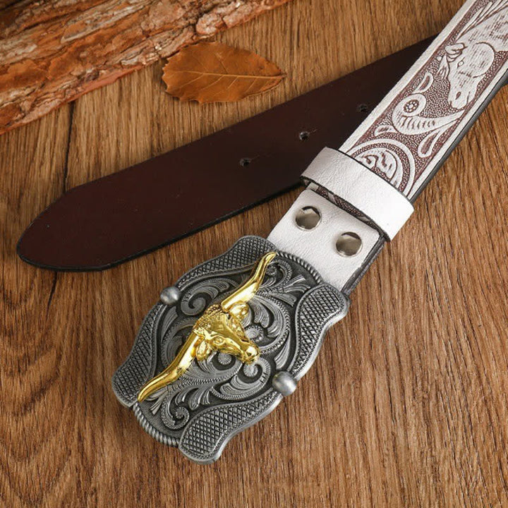 Men's Square Golden Longhorn Bull Leather Belt - image 12