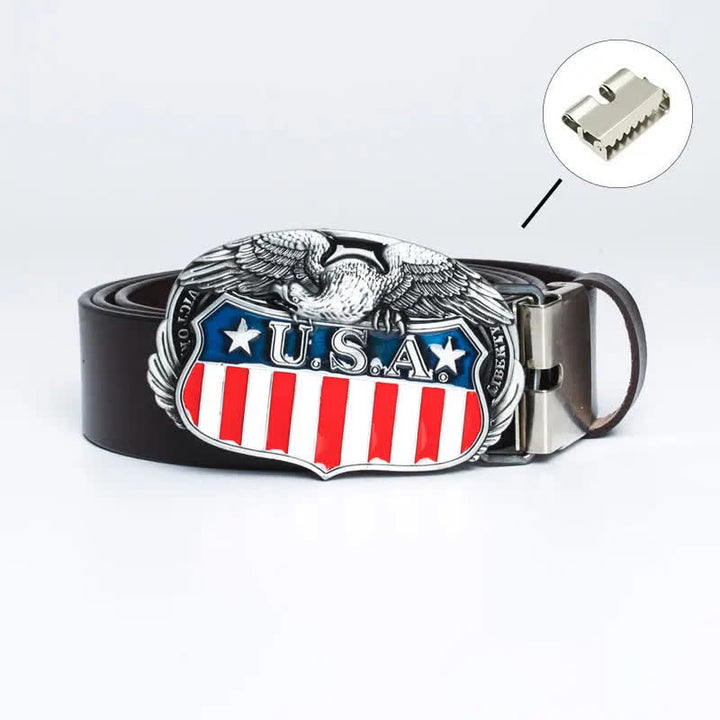Men's Personality USA Flag Flying Eagle Leather Belt - Iron Linker - Brown - 46 - image 17