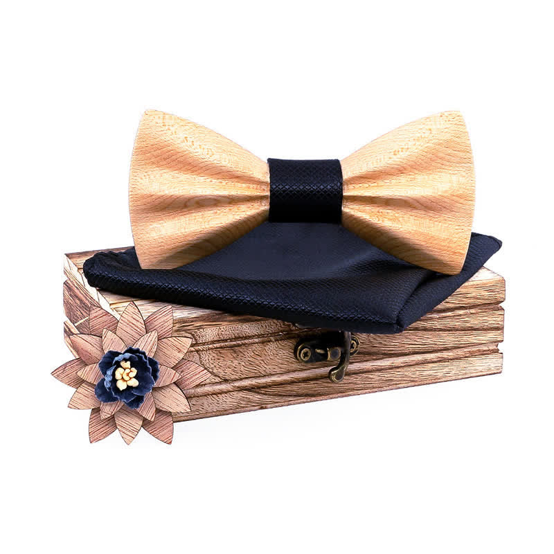 3Pcs Men's Hand Carved Crease Wooden Bow Tie Set - Maple - Black - image 20