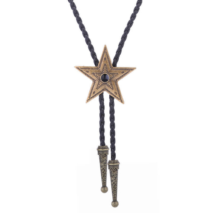 Vintage Natural Stone Star Pendant Necklace Bolo Tie - Black - Antique Gold - image 11