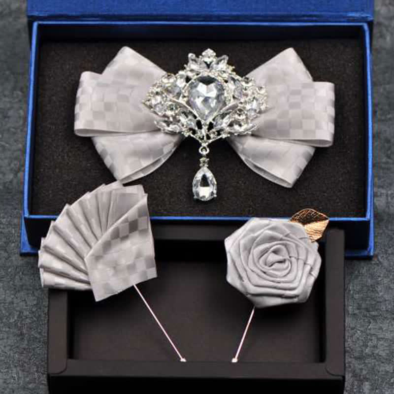 3Pcs Checker Rhinestone Brooch Bow Tie Set - White - image 3