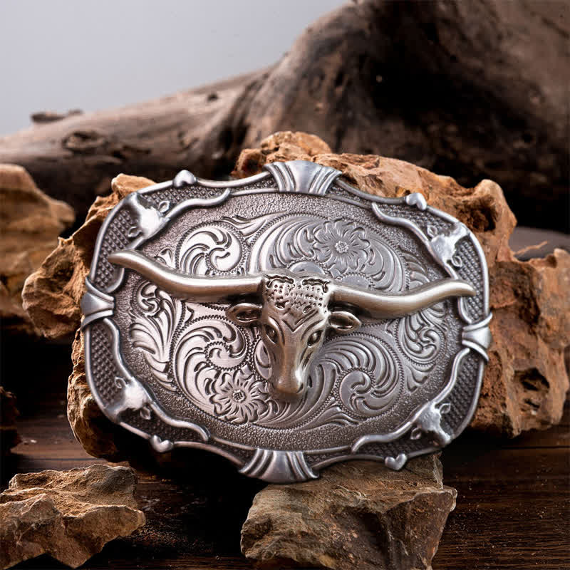 Men's DIY Silver Longhorn Bull Square Buckle Leather Belt - Bull - Without Belt - image 0