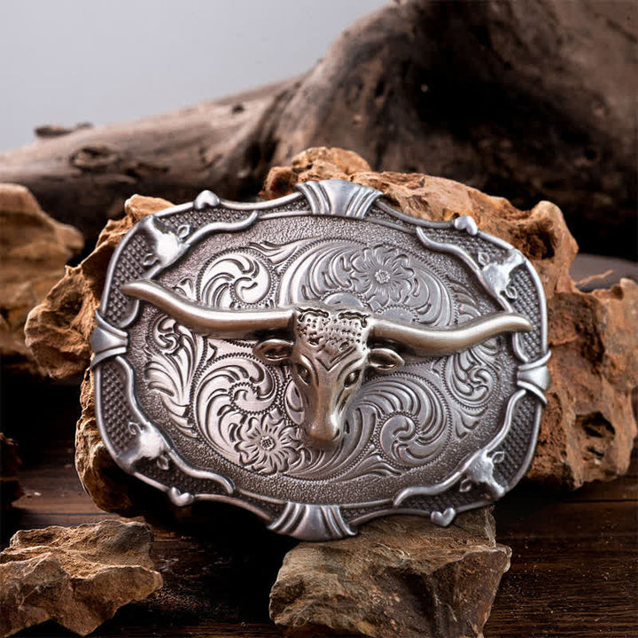 Men's DIY Silver Longhorn Bull Square Buckle Leather Belt - Bull - Without Belt - image 0