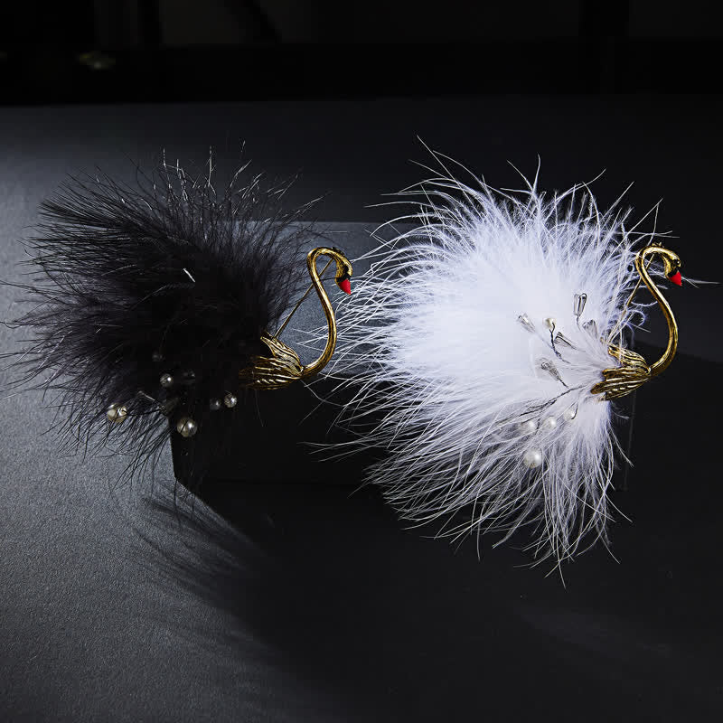 Women's Black / White Swan Plush Feather Brooch - image 0