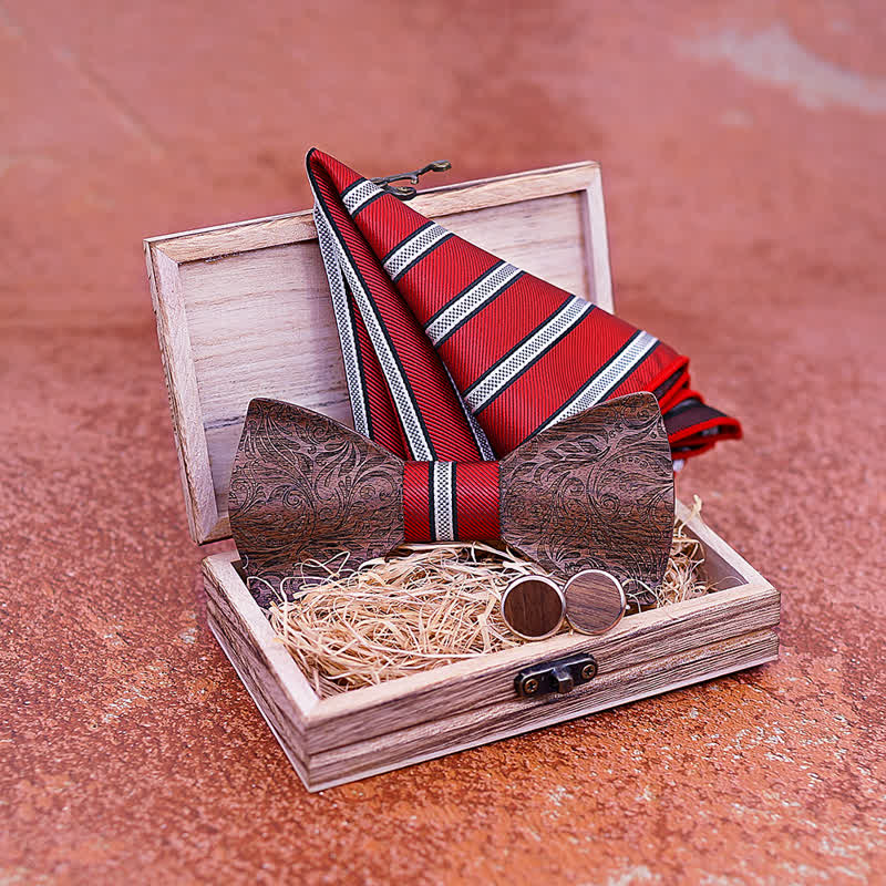 3Pcs Men's Black Walnut Paisley Wooden Bow Tie Set - image 4