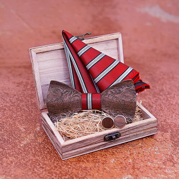 3Pcs Men's Black Walnut Paisley Wooden Bow Tie Set - image 4