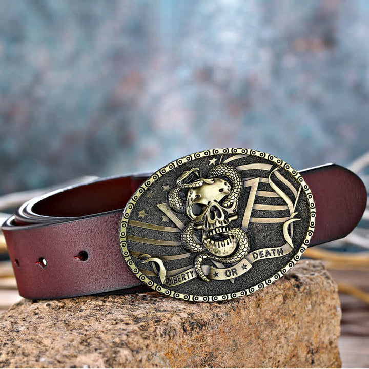 Men's DIY "Liberty or Death" Snake Skull Buckle Leather Belt - image 4