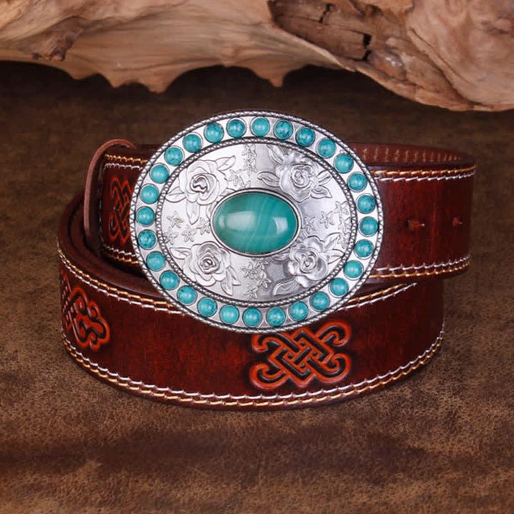Unisex Carved Rose Turquoise Jade Agate Leather Belt - Brown - 40 - image 9