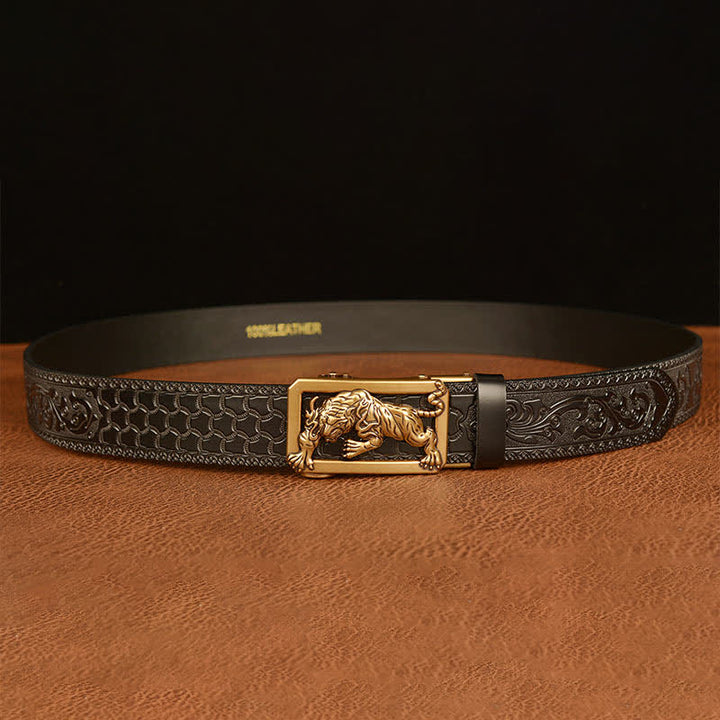 Men's Tiger Buckle Floral Embossed Leather Belt - image 15