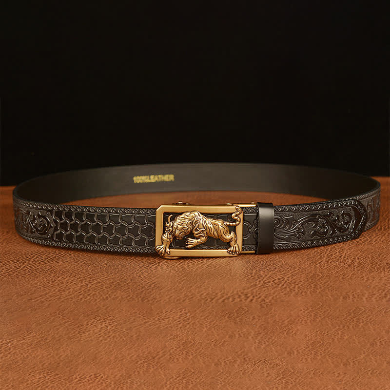 Men's Tiger Buckle Floral Embossed Leather Belt - image 15