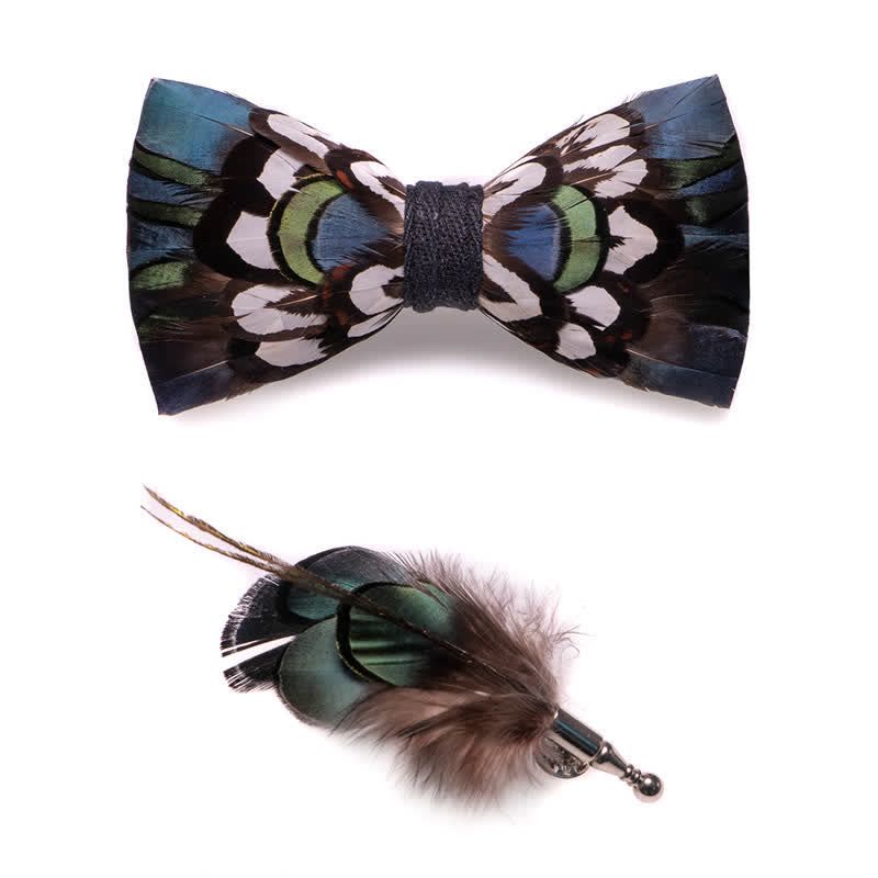 DarkCyan Teal Feather Bow Tie with Lapel Pin - image 3