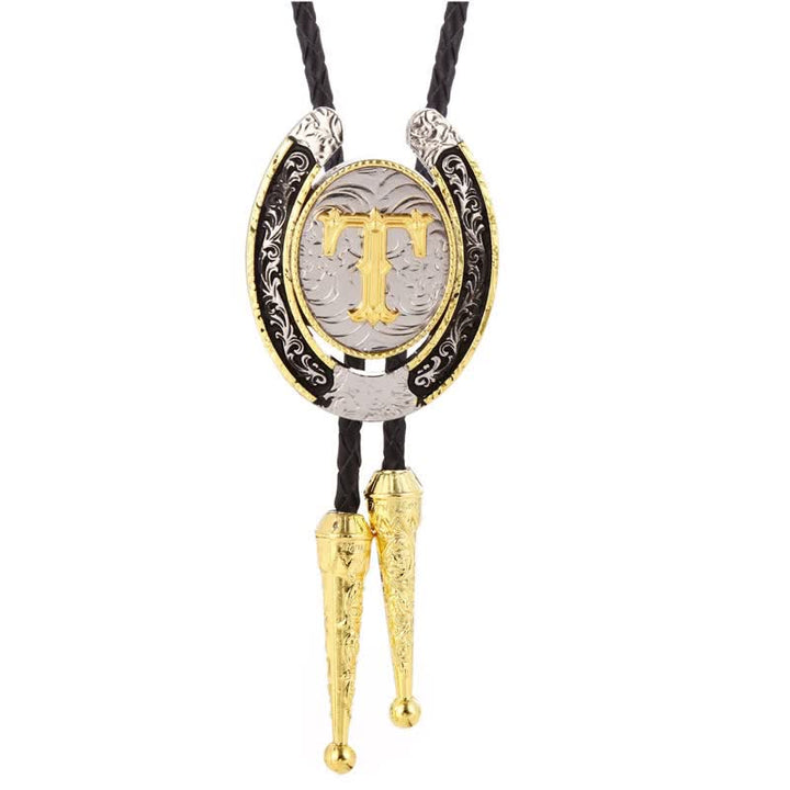 Modern Western Horseshoe Initial Letter A To Z Bolo Tie - Gold - T - image 24