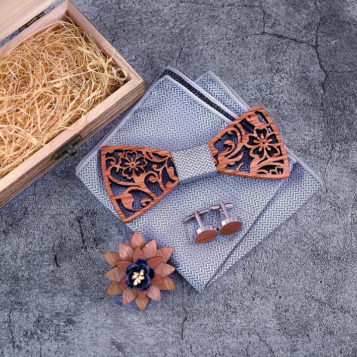 4pcs Men's Hollow Floral Wooden Bow Tie Set - image 2