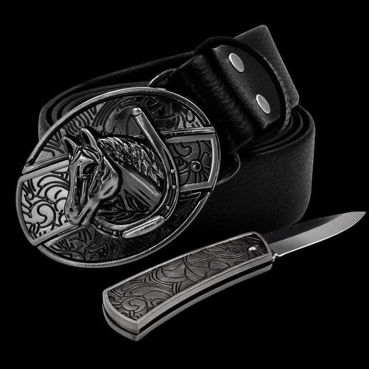 Men's Horse Head Leather Belt With Folding Knife - image 4