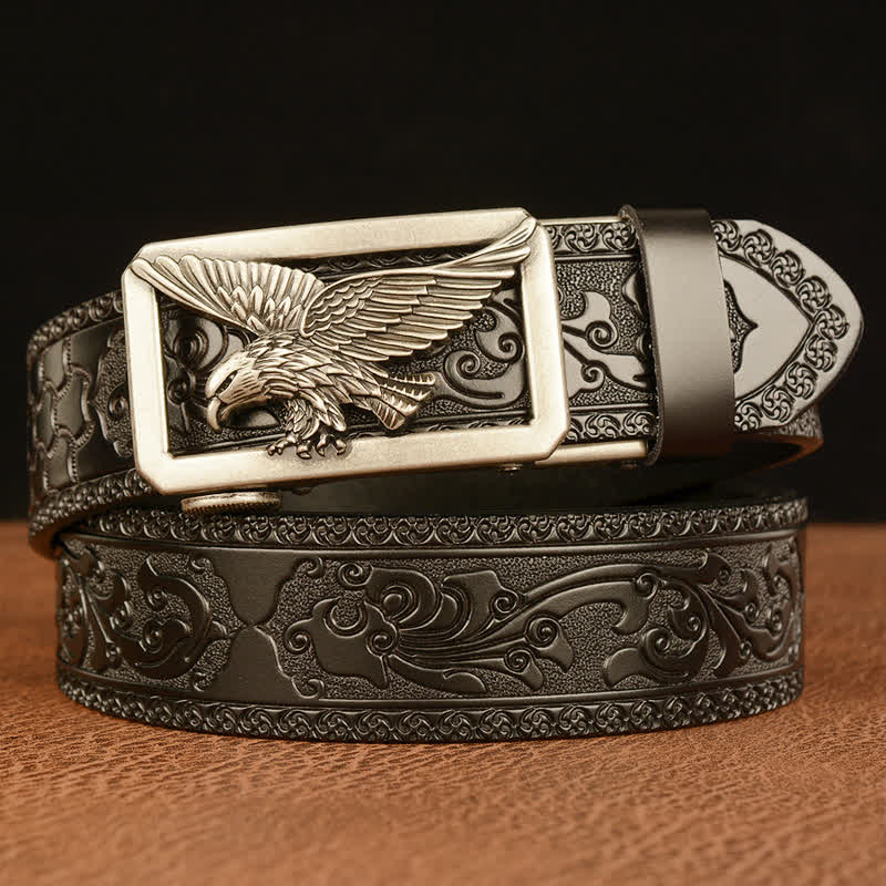 Men's Vintage Hollow Eagle Buckle Leather Belt - Silver & Black - 46 - image 12