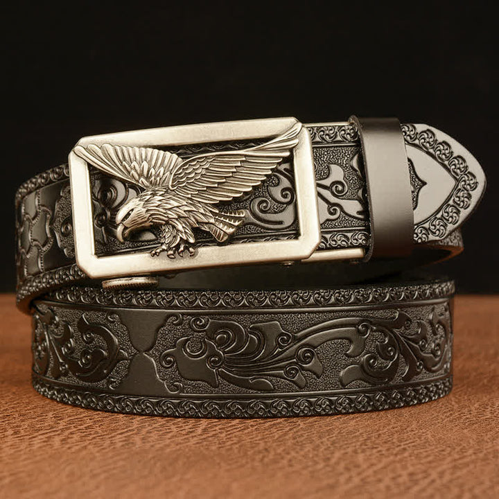 Men's Vintage Hollow Eagle Buckle Leather Belt - Silver & Black - 46 - image 12