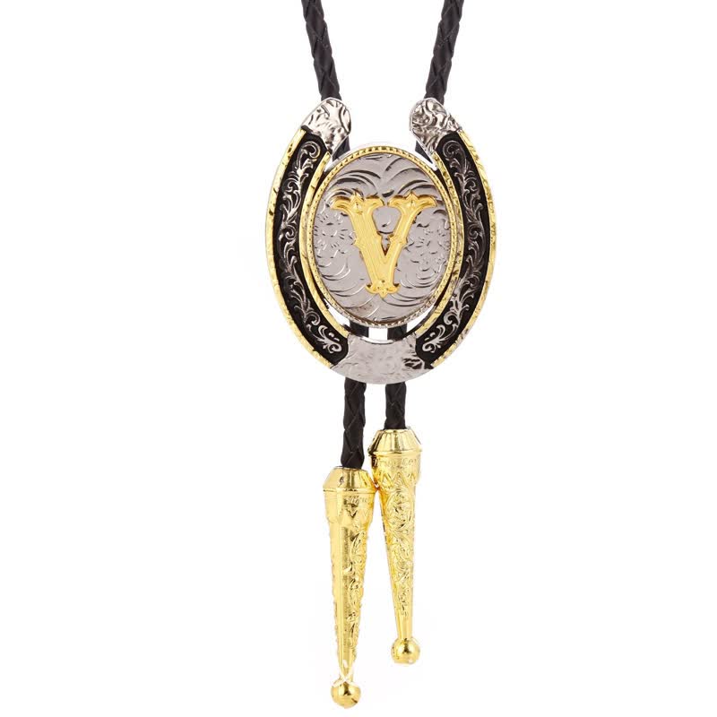 Modern Western Horseshoe Initial Letter A To Z Bolo Tie - Gold - V - image 26