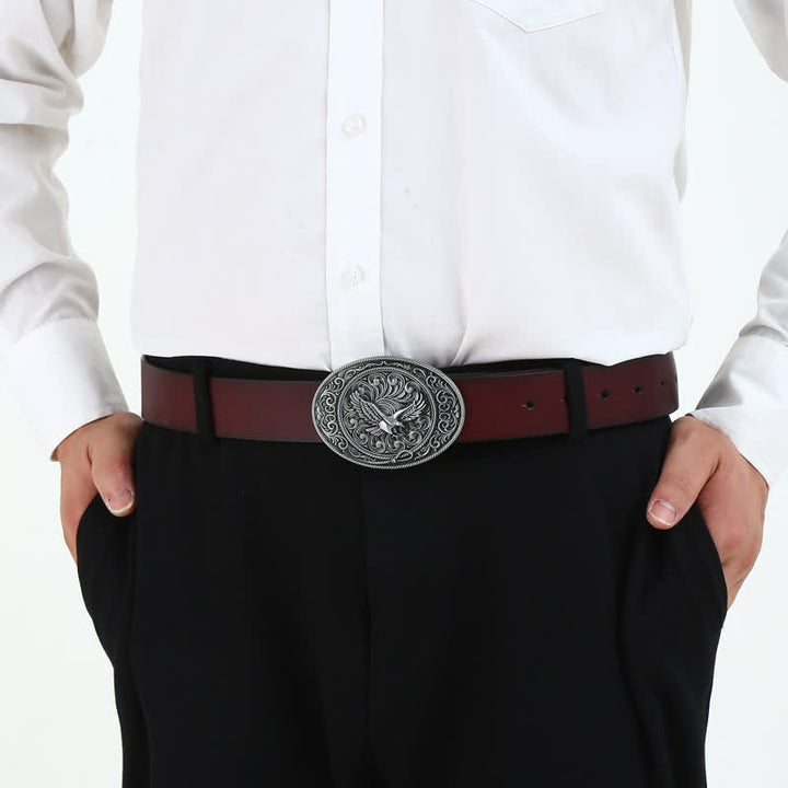 Men's DIY Soaring Eagle Engraved Floral Buckle Leather Belt - image 2