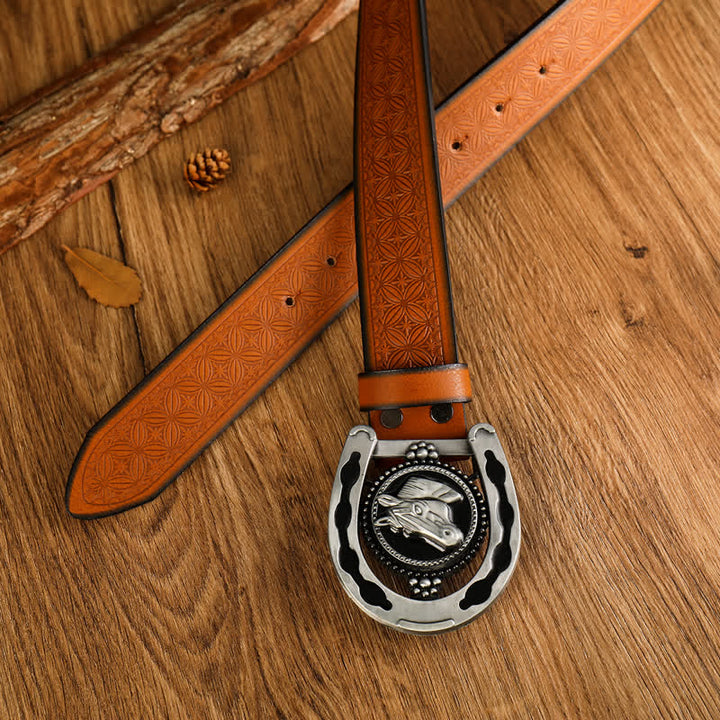 Men's Retro Horseshoe Shape Western Leather Belt - image 1