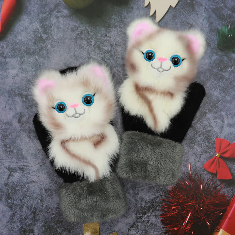 Women's Cute Animal Furry Mittens Gloves - Ivory Cat - image 6