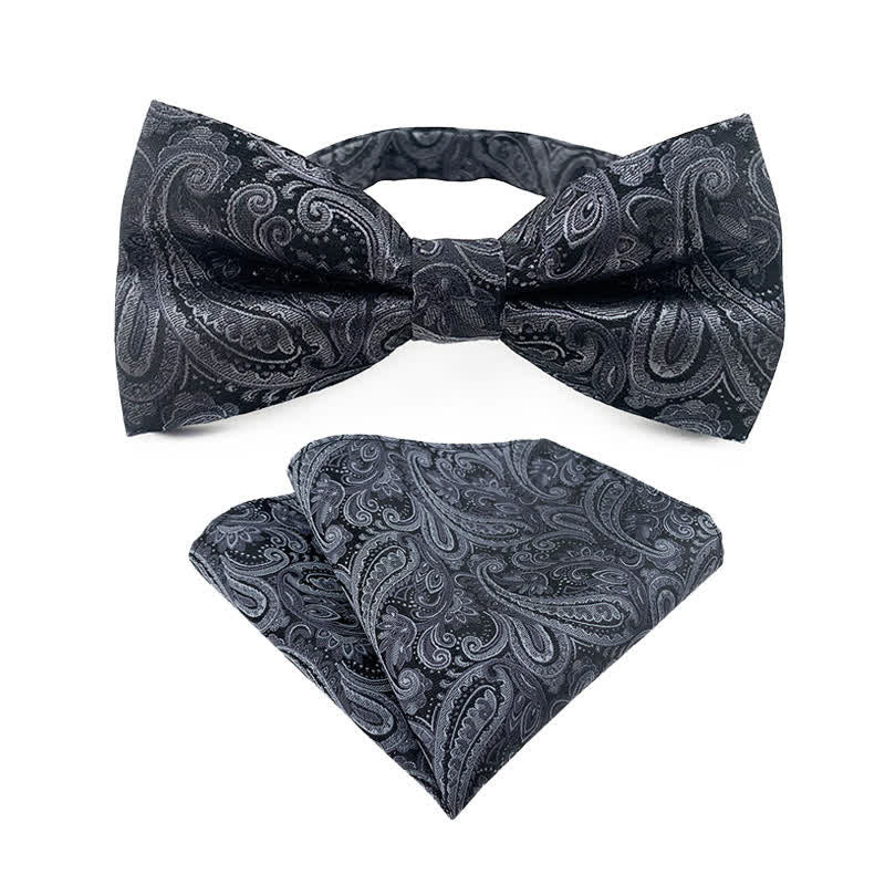 2Pcs Men's Flowery Paisley Bow Tie Pocket Square Set - Gray - image 5
