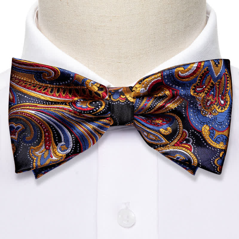 2Pcs Men's Gold & Blue Paisley Bow Tie Pocket Square Set - image 1