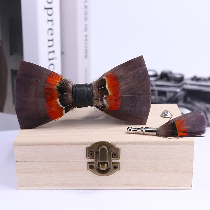 Brown & Orange Feather Bow Tie with Lapel Pin - image 2