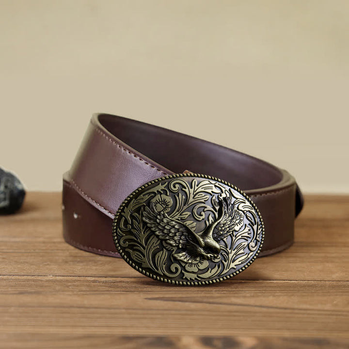 Men's DIY Animal Flying Eagle Buckle Leather Belt - Antique Bronze - Brown PU Belt (40) - image 12