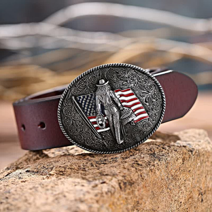 Men's DIY Cowboy American Flag Buckle Leather Belt - image 2