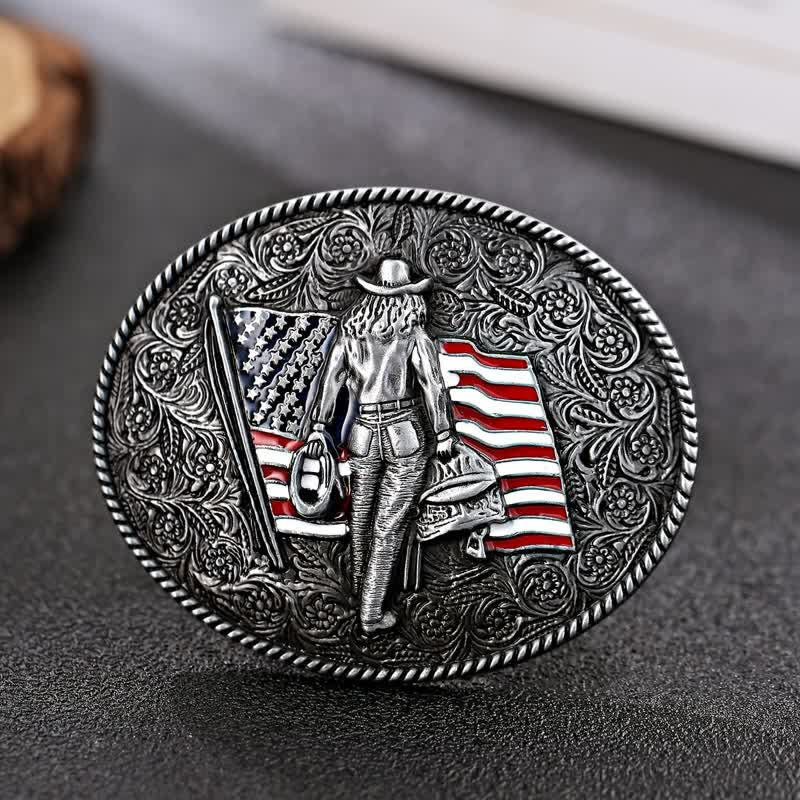 Men's DIY Cowboy American Flag Buckle Leather Belt - Antique Silver - Without Belt - image 0