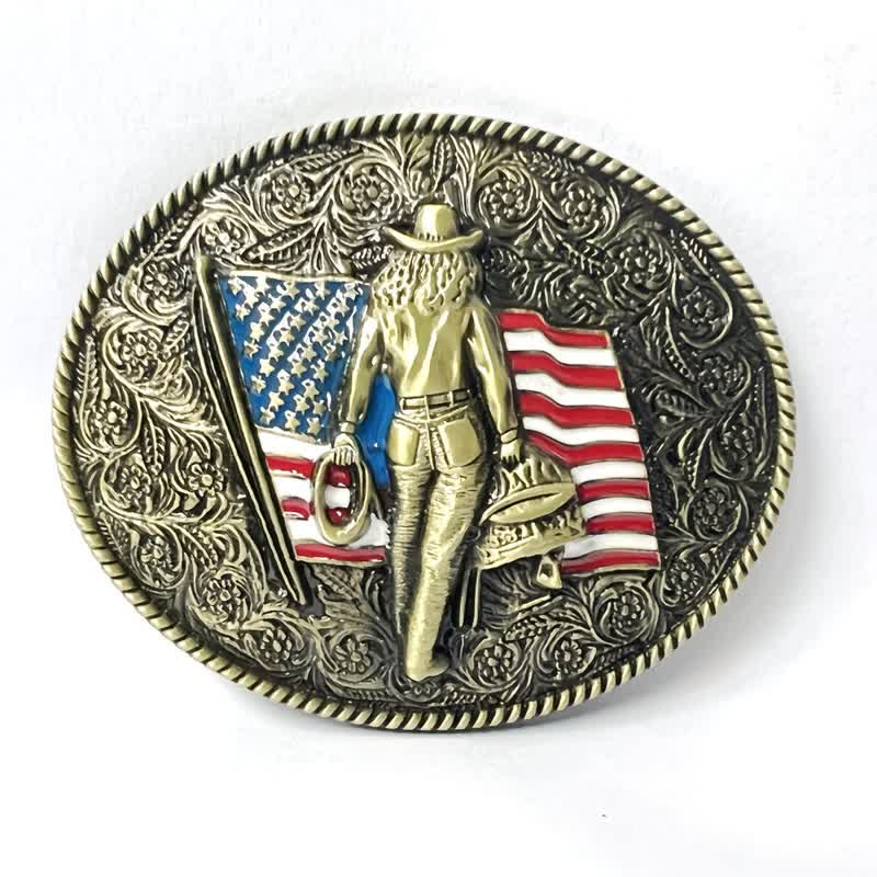 Men's DIY Cowboy American Flag Buckle Leather Belt - Antique Bronze - Without Belt - image 5