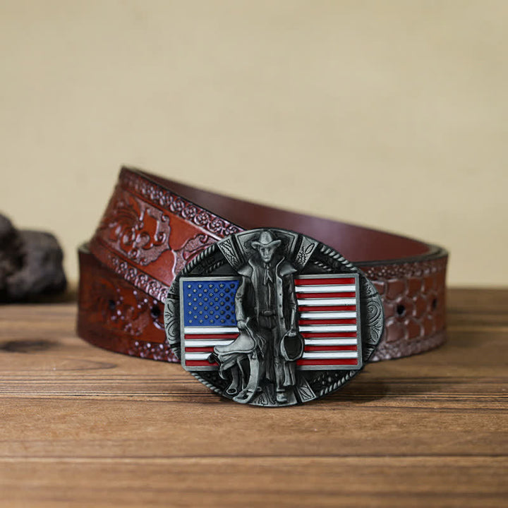 Men's DIY American Flag Cowboy Buckle Leather Belt - Cowboy - Brown Carved Belt (40) - image 14