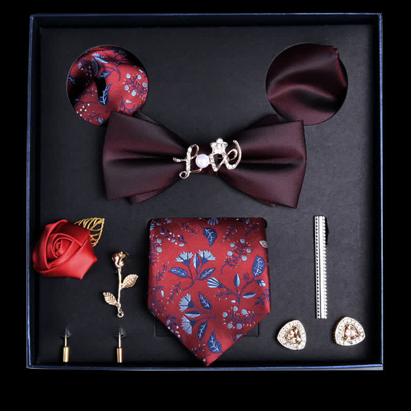 8Pcs Burgundy&Red Floral Casual Necktie Bow Ties Gift Box - Burgundy&Red - image 0