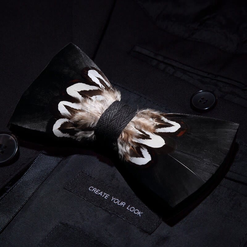 Black & White Pattern Feather Bow Tie with Lapel Pin - image 1