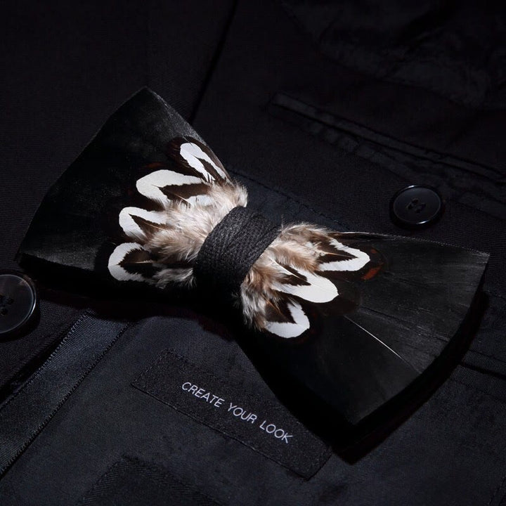 Black & White Pattern Feather Bow Tie with Lapel Pin - image 1