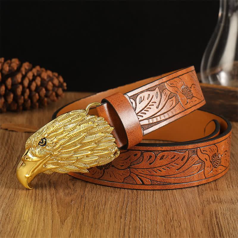 Men's Eagle Head Realistic Vulture Western Leather Belt - Brown #1 / Gold - 42 - image 11