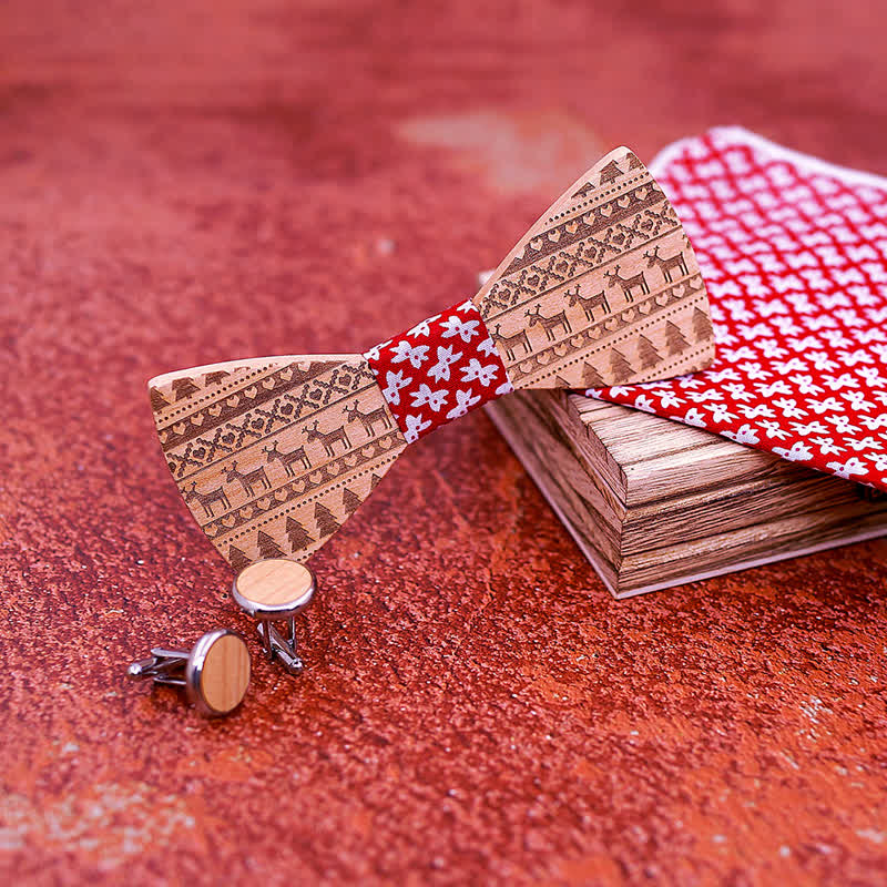 3Pcs Men's Christmas Theme Pattern Wooden Bow Tie Set - image 3