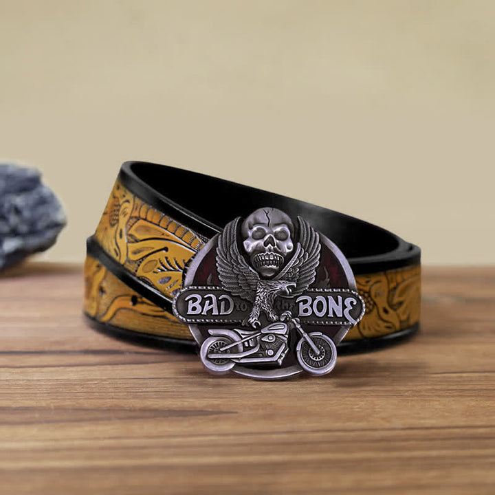 Men's DIY Eagle Skull Biker Bad To The Bone Buckle Leather Belt - Back To The Bone - SandyBrown Belt (40) - image 13